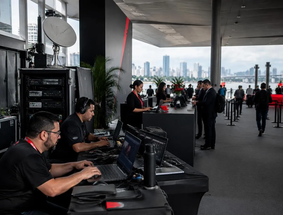 Equipe técnica operando conectividade em evento corporativo