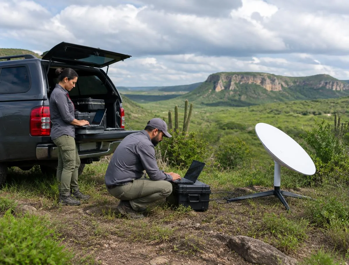 Equipe de campo com antena via satélite ao lado de veículo estacionado